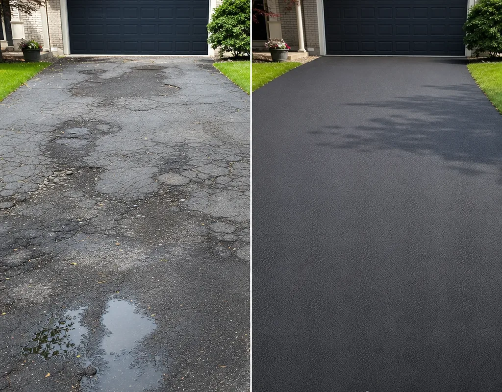 Before and after view of a cracked rutted driveway replaced with properly graded asphalt