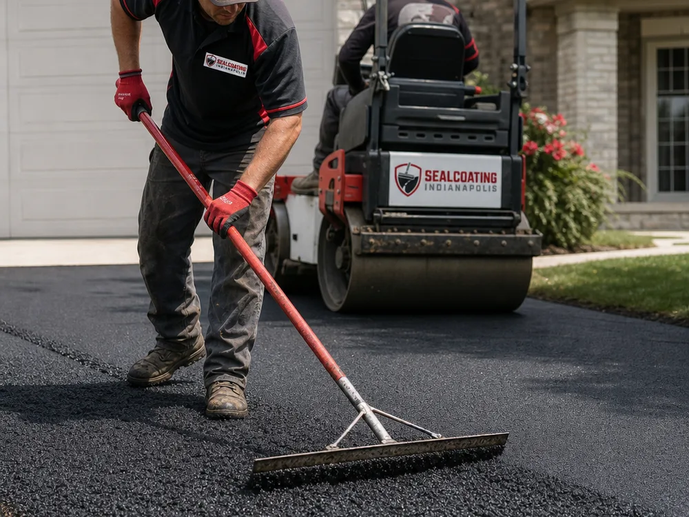 Crew placing and raking hot mix asphalt on a residential driveway with a roller in the background