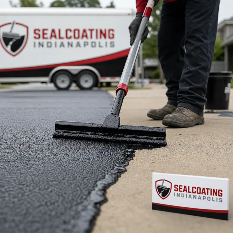 Squeegee applying sealcoat with controlled wet edges and a clean boundary along a concrete sidewalk