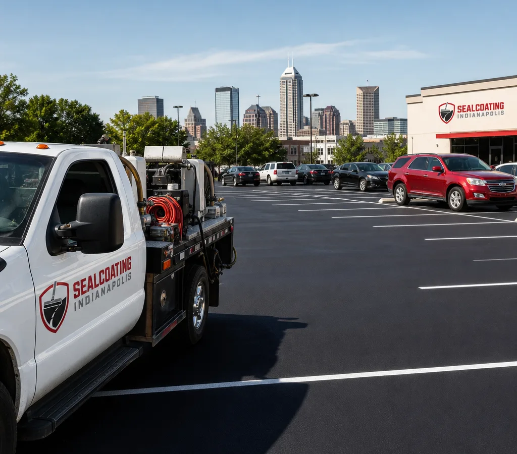 Commercial asphalt parking lot in Indianapolis with fresh sealcoat, crisp striping, parked vehicles, and clean edges
