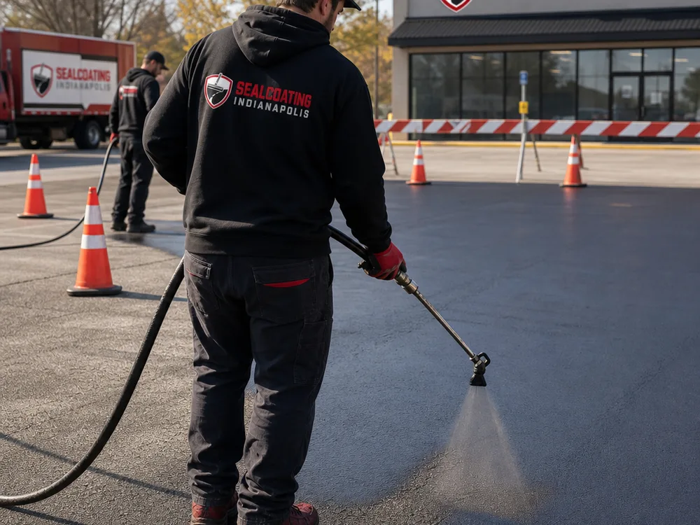 Crew applying commercial sealcoat with spray equipment to a clean parking lot staged with cones and barricades