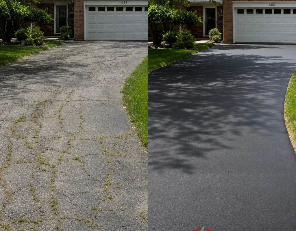 Before and after view of branching residential driveway cracks cleaned and sealed with a smooth banded finish