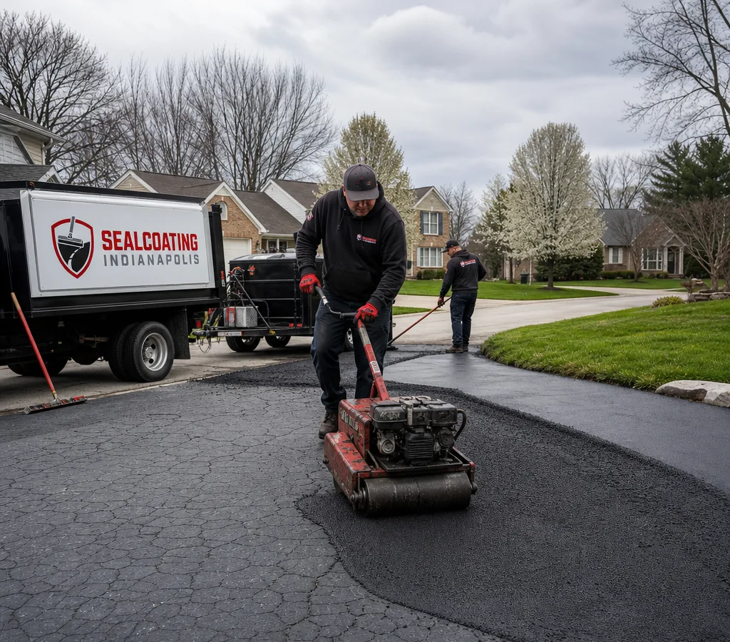 Crew repairing and compacting a patched asphalt driveway in an Indianapolis neighborhood