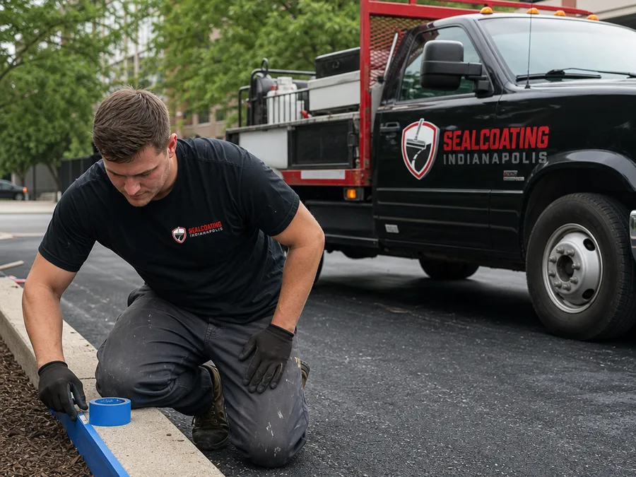 Crew member checking the asphalt surface and masking along a curb before applying sealcoat
